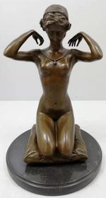 Art Deco Bronze Sculpture - Kneeling Naked Lady - Solid Marble Base - Signed