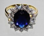 9ct Gold & Silver Blue Sapphire & cz Princess Diana Large Cluster Ring size S