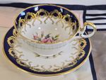 Aynsley Teacup & Saucer  Cabbage Pink Rose Cobalt Blue & Gold Filigree Trim#2146