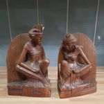 Antique Balinese Art Wood Carving Sculpture Married Couple Bookends 1940's