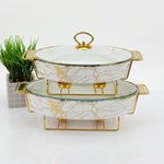2pc 13" 15" Ceramic Chafing Dish Set Food Warmer Buffet Oval White Gold Stand