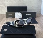 CHANEL Women's Black & White Cat Eye Sunglasses Black Tinted Lenses Logo