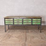 VINTAGE GREEN INDUSTRIAL STYLE WORKBENCH WITH TWELVE STORAGE DRAWERS