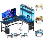 L Shaped Gaming Desk with LED Lights & Power Outlets, Computer Desk with Drawer