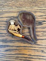 ANTIQUE MEERSCHAUM CHEROOT HOLDER PIPE HAND CARVED DOG / FOX IN CASE