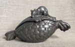 Antique c1890 Japanese White Metal Rat Mouse Nezumi Daikoku Rice Bale Lid Box