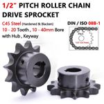 08B-1 1/2" Pitch Roller Chain Sprocket C45 Steel 10-20 Tooth 10-40mm Bore Black