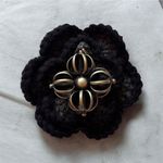 Black Crocheted Flower Brooch Metal Filigree Centrepiece Handmade Gothic Dark