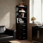 Black Corner Storage Cabinet with 4 Shelves 4 Drawers Golden Handle Display Unit