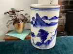 Antique Chinese Blue And White Porcelain Brush Pot, A Biting, Hand painted