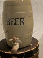 VINTAGE MOIRA POTTERY STONEWARE BEER KEG DISPENSER WITH CORK TAP  KEG BARREL TAN