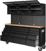 72" Black Steel 15 Drawer Tool Chest with Wooden Top, 3 Cabinets & Peg Board