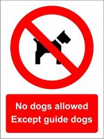 No dogs allowed Except guide dogs sign