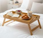 BAMBOO WOODEN BREAKFAST SERVING LAP TRAY OVER BED TABLE WITH FOLDING LEGS