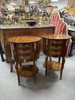Pair Oval Marquetry Bedside Lamp Side Tables Kingwood with Drawers & Gilt Bronze