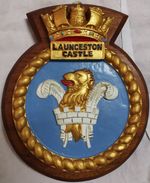 HMS Launceston Castle Ship Crest Plaque Hand-Painted, Solid Mahogany Mount, 641g
