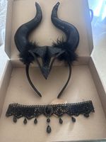 Black Fluffy Witch Demon Devil Horns Headband with necklace Halloween 