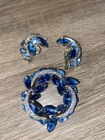 Vintage Blue Rhinestone Brooch And Clip Earring Set Grannycore Aurora Borealis