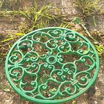Green Painted Metal Victorian Scroll Trivet Stand with Feet Large 12 in