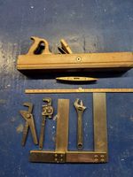 Lot Of Vintage Tools, Plane  Pipe Wrenches, Level, Ruler
