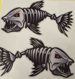 2 X SKELETON FISH DECAL  ROD TUBE, TACKLE BOX FUN DECALS WATERPROOF 13 X  6.5cm