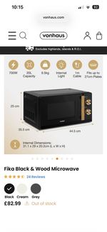 VonShef Fika 20L Black Countertop Microwave 700W+ Timer 5 Programs