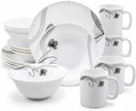 16-24 Piece Opal Glass Dinner Set for 4, Black Floral Dinnerware Set