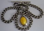 Antique solid silver pocket watch albert chain w/ silver &butterscotch amber fob