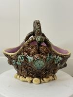 Majolica Antique Cream Brown Green Bird’s Nest Basket & Pink Glazed Interior