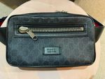 Gucci GG Monogram Leather Bumbag Waist Bag Black/Grey Web Strap 474293