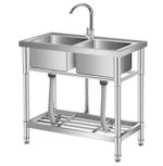 Commercial Stainless Steel Utility Sink 2 Bowl Kitchen Restaurant with Fauce
