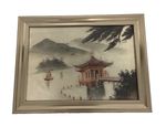 Vintage Japanese Silk Embroidery "Lake House" Framed