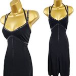 Karen Millen UK 12 Vintage Black Jersey Faux Leather Trim Flare Cocktail Dress