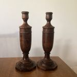 Pair Of Vintage Hand Turned Oak Wooden Candlestick Holders 30cm Tall