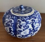 Vintage Porcelain Chinese Canton Pumpkin Ginger Jar 19cm Blue and White Lidded