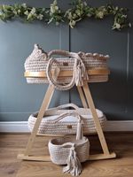 BEIGE Handmade Crochet BABY Moses Basket 3 Piece + Stand JULY PRE ORDER ONLY 