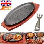 Cast Iron Sizzle Hot Serving Steak Plate Pan Grill Platter Dish with Wooden Tray