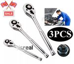 3Pcs Socket Wrench Reversible Ratchet Handle 1/4", 3/8", 1/2" Set Repair Tool