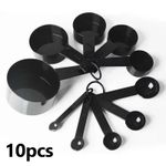 10Piece Black Measuring Cups & Spoons Set Stainless Steel Handles Baking Cooking