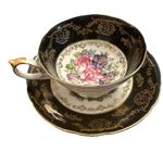 Vintage Black Gold Floral Teacup and Saucer Set Roses Pansy Elegant Footed Cup
