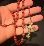 Antique Rosary Imitation Coral Beads Prayer Necklace & Crucifix 22" + 7.5" Drop