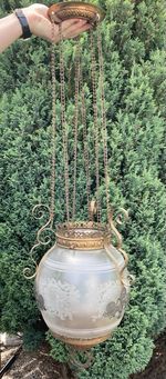 Impressive Antique Ceiling Hanging Pendant Brass & Etched Glass Pendant Light