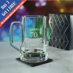 Personalised Engraved Tankard Beer Mug Stein Happy 70th Birthday Banner Design