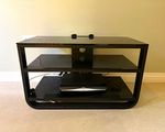 Black Glass & Metal TV Stand, 2 Shelves, Freestanding, Cable Mgmt, Assembled