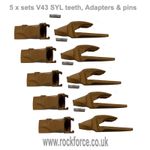 Set of 5 Bucket Tooth V43SYL, 5 Adapters V43 and 5 Pins V43