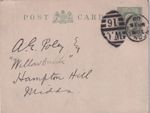 GB 1908 EVII ½d VF yellow-green postcard w Duplex "LONDON.W.C. / W.C / 16"