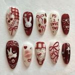 24PCS Medium Almond Press on Nails Wine Red Cute Cartoon Rabbit Bowknot Plaid Pe