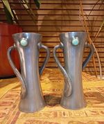 Tudric Pewter Art Nouveau Pair Vases/Urns Twin Handles Green Cabochon