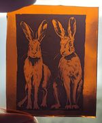 Stained glass Hares kiln fired amber glass piece Hare art