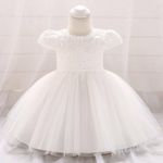 Baby Christening Dress Short Sleeve Lace Beaded Girls Ivory Gown & FREE Headband